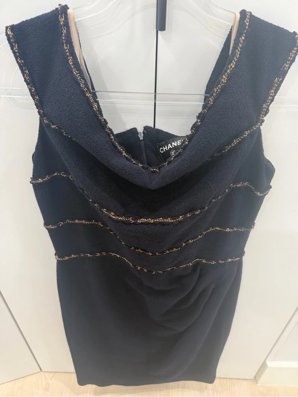 CHANEL Black Midi Dress with Gold Trim and Signature Charm